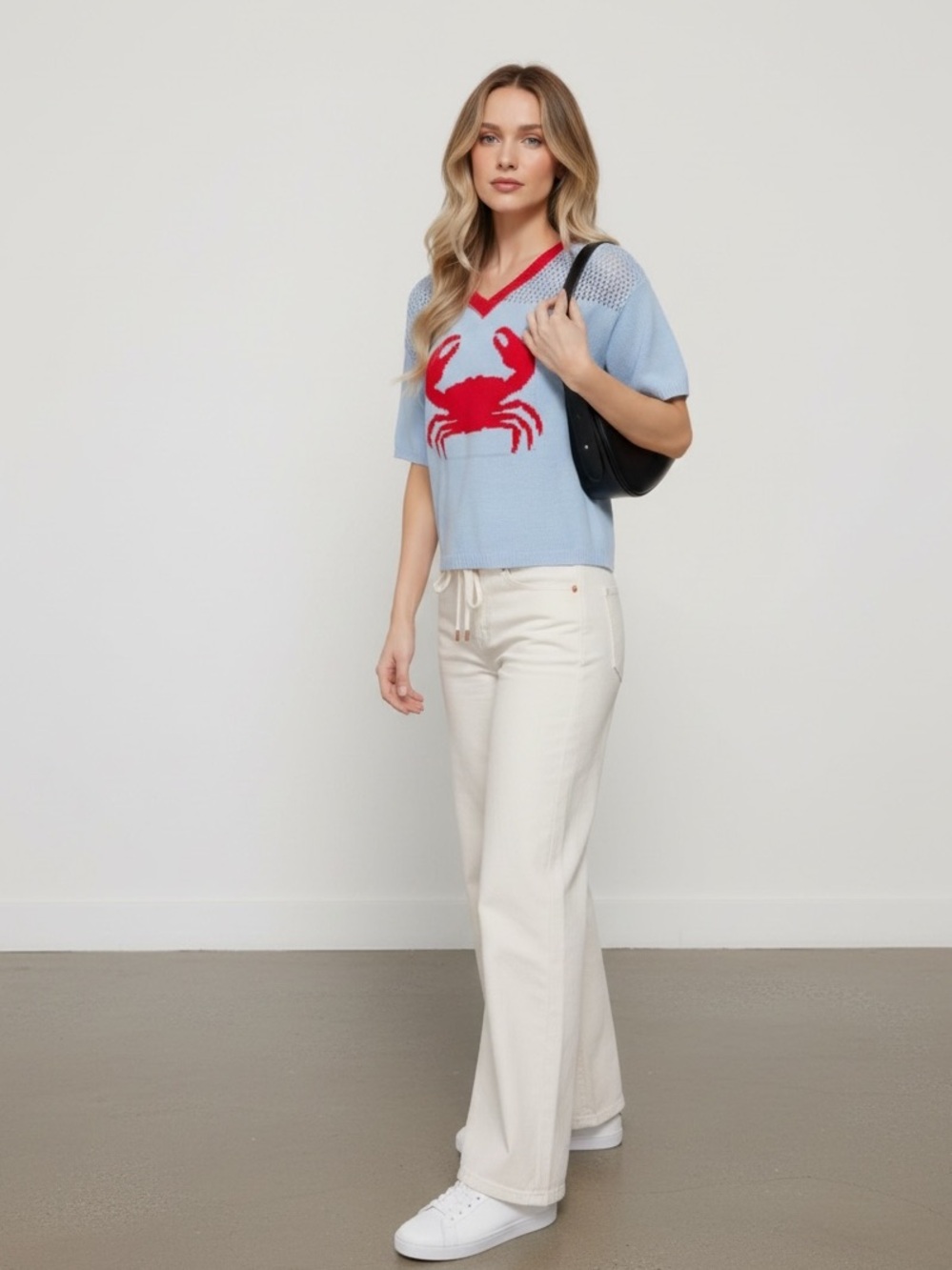 Light Blue Crab Intarsia V-Neck Knit Top - Picture 5 of 8